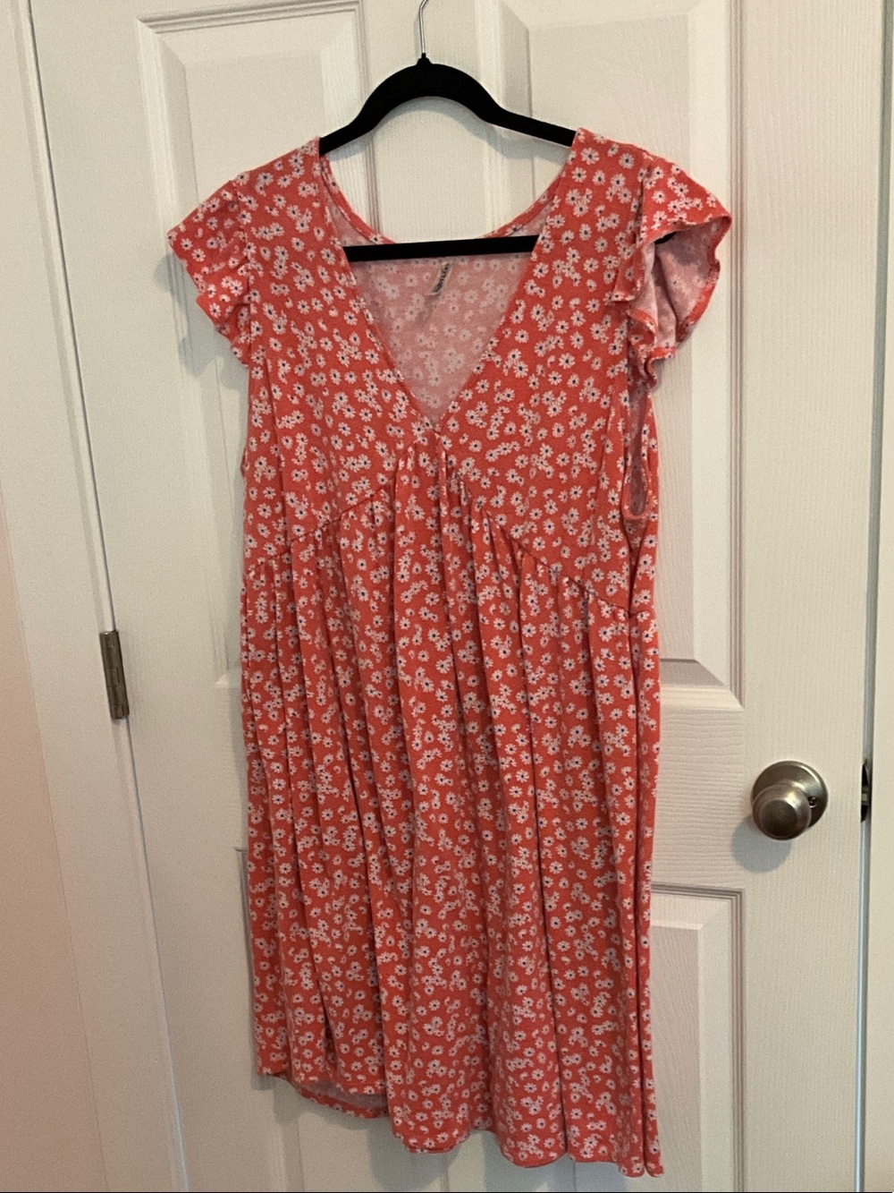 Emerald Coral-Pink Floral V-Neck Midi Dress